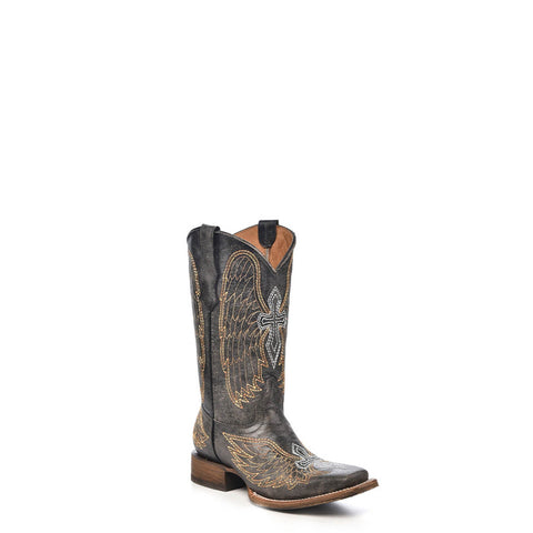 Corral Boots Kids Girl Leather Wing & Cross Black Square Toe Cowgirl