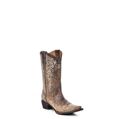 Corral Boots Kids Girl Leather Embroidery Brown Bone Cowgirl
