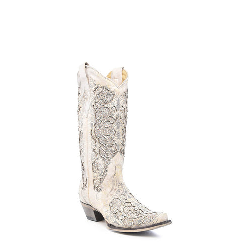 Corral Ladies Inlay White Cowhide Leather Cowgirl Boots