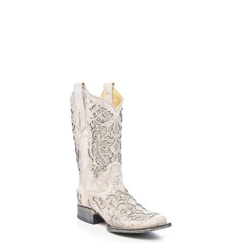 Corral Womens A3397 White Leather 11.5in Glitter Wedding Fashion Boots