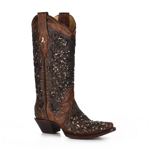 Corral Womens Shimmer Inlay Cowboy Boots Leather Cognac 8.5 M