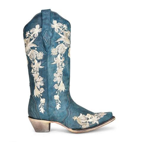 Corral Womens A4361 Navy Blue Leather 13in White Floral Cowboy Boots 9.5 M