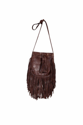 Scully Womens Cinch Tie Fringe Chocolate Leather Handbag Bag