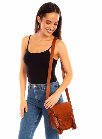 Scully Womens Retro Center Flap Brown/Tan Leather Crossbody Bag