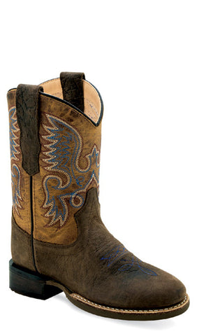 Old West Children Unisex Broad Round Toe Burnt Dark Brown Leather Cowboy Boots