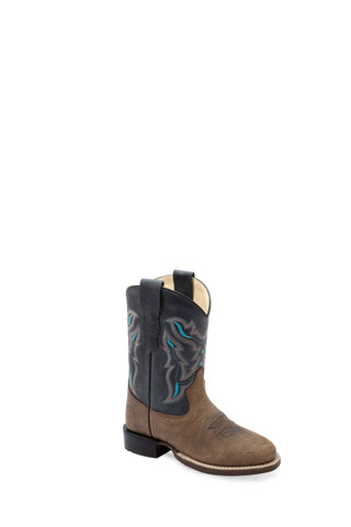 Old West Youth Unisex Broad Round Toe Brown/Pillow Blue Leather Cowboy Boots 7 D