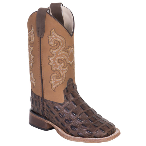 Old West Brown/Tan Kids Boys Leather Caiman Cowboy Boots 10D