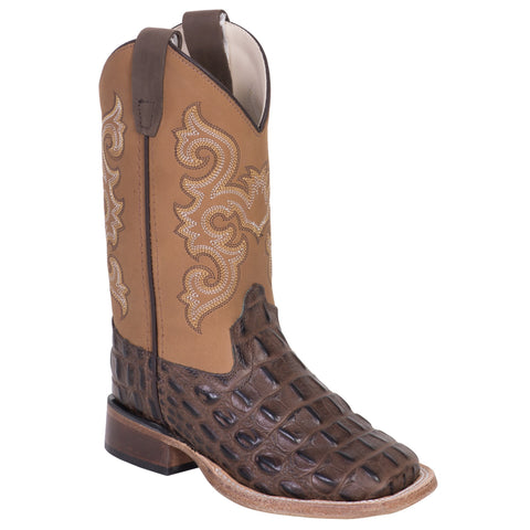 Old West Brown/Tan Kids Boys Leather Caiman Cowboy Boots 8.5D