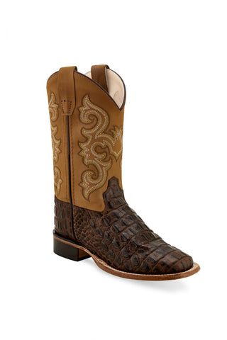 Old West Brown/Tan Youth Boys Leather Faux Gator Cowboy Boots 3.5D