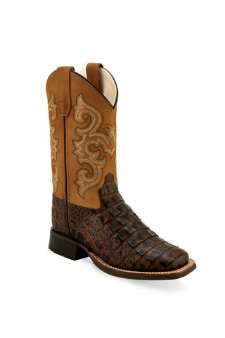 Old West Tan/Brown Childrens Boys Leather Faux Gator Cowboy Boots 13D