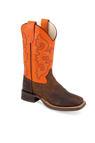 Old West Orange/Brown Kids Boys Leather Western Cowboy Boots 1.5D