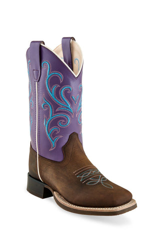 Old West Brown/Purple Youth Girls Leather Cowboy Boots 6.5D