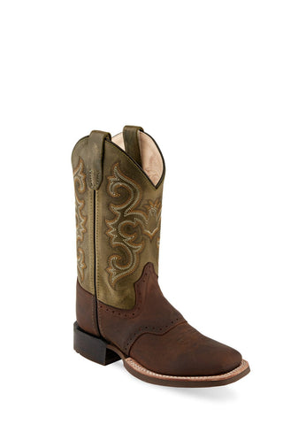Old West Brown/Green Children Boys Leather Cowboy Boots 9D