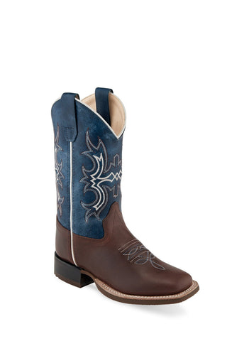 Old West Brown/Wipe Out Blue Children Boys Leather Cowboy Boots 9D