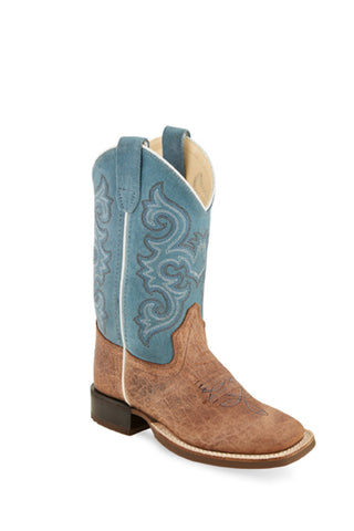 Old West Tan/Turquoise Youth Boys Leather Cowboy Boots 7D