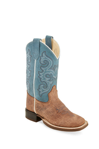 Old West Tan/Turquoise Children Boys Leather Cowboy Boots 9D