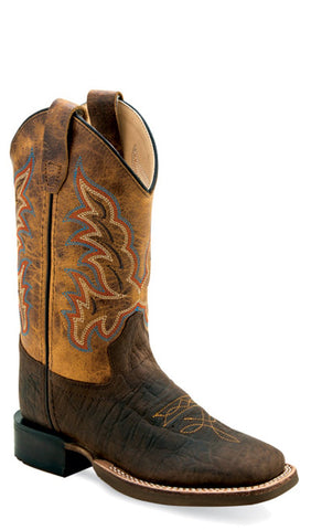 Old West Children Unisex Broad Square Toe Burnt Dark Brown Leather Cowboy Boots 10.5 D