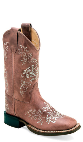 Old West Children Girls Broad Square Toe Cactus Pink Leather Cowboy Boots