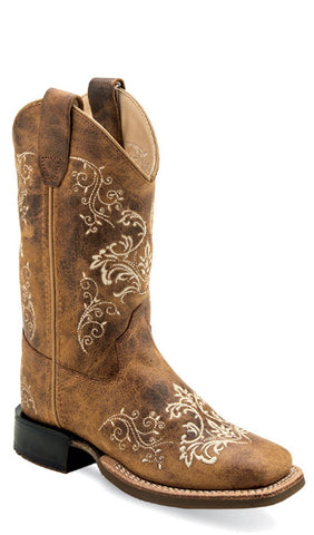 Old West Children Unisex Broad Square Toe Burnt Tan Leather Cowboy Boots 12.5 D