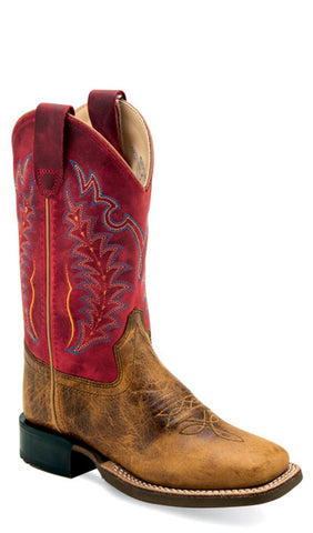 Old West Youth Unisex Square Toe Burnt Brown/Cloudy Red Leather Cowboy Boots 6.5 D