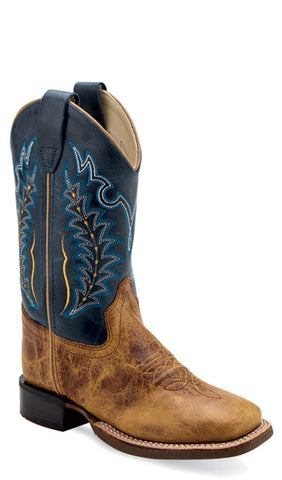 Old West Children Unisex Square Toe Burnt Brown/Navy Leather Cowboy Boots 13.5 D