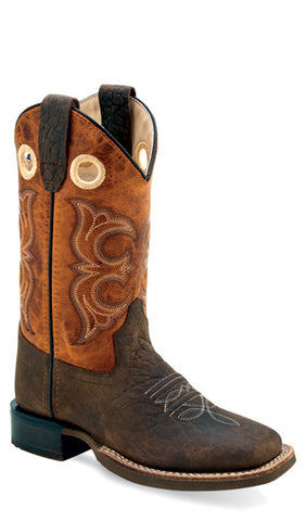 Old West Children Unisex Square Toe Dk Brown/Burnt Mustard Leather Cowboy Boots 12.5 D
