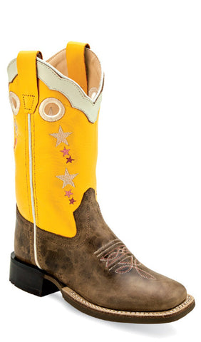 Old West Children Unisex Square Toe Cactus Brown/Yellow Leather Cowboy Boots