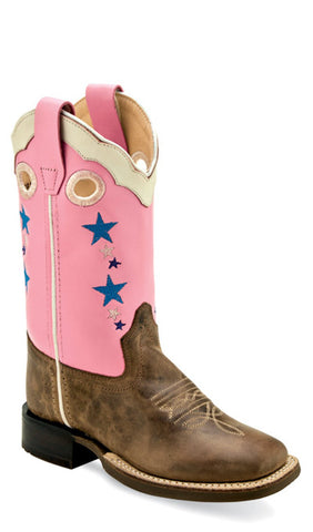 Old West Children Girls Broad Square Toe Cactus Brown/Pink Leather Cowboy Boots