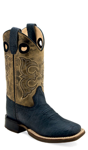 Old West Youth Unisex Broad Square Toe Black/Cactus Brown Leather Cowboy Boots