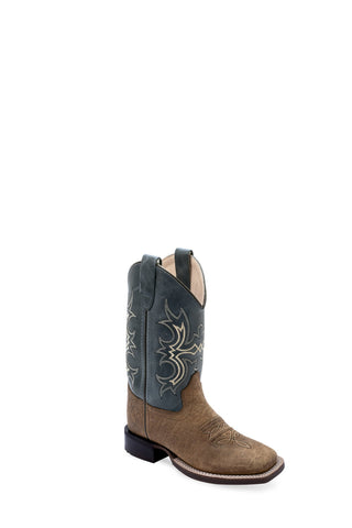 Old West Youth Unisex Broad Square Toe Brown/Pillow Blue Leather Cowboy Boots 6.5 D