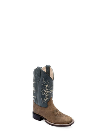 Old West Youth Unisex Broad Square Toe Brown/Pillow Blue Leather Cowboy Boots
