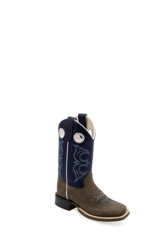 Old West Kids Unisex Broad Square Toe Brown/Midnight Blue Leather Cowboy Boots