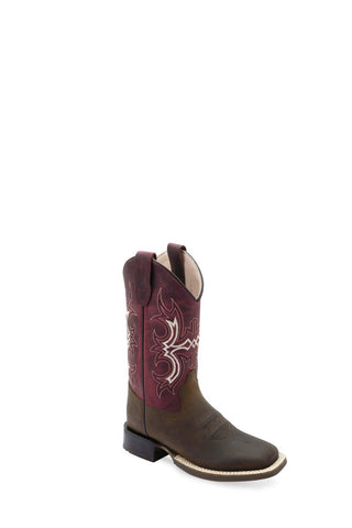 Old West Youth Unisex Square Toe Brown/Cloudy Burgundy Leather Cowboy Boots