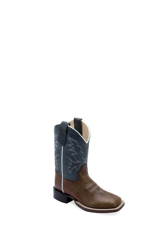 Old West Kids Unisex Broad Square Toe Brown/Pillow Blue Leather Cowboy Boots