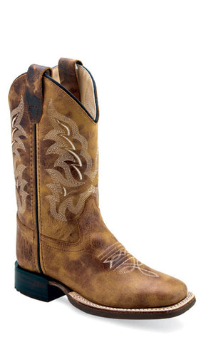 Old West Youth Unisex Broad Square Toe Burnt Tan Leather Cowboy Boots 7 D