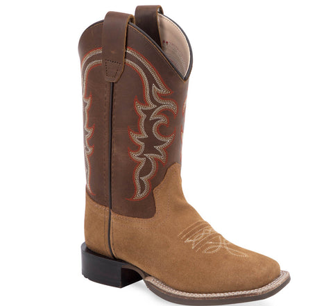 Old West Youth Unisex Broad Square Toe Tan/Brown Leather Cowboy Boots