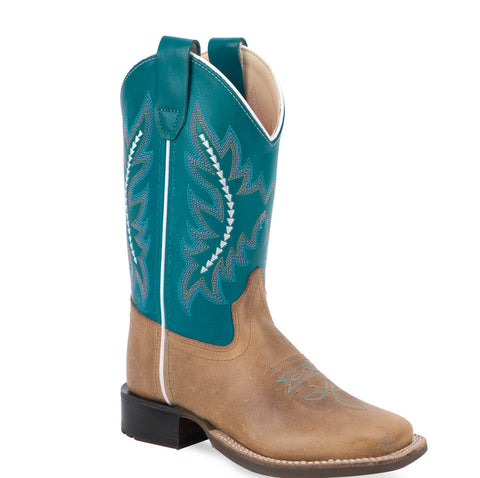 Old West Kids Unisex Broad Square Toe Tan/Turquoise Leather Cowboy Boots
