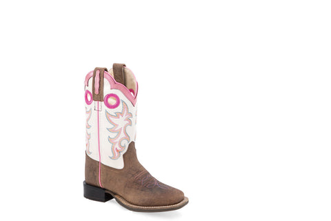 Old West Youth Girls Broad Square Toe White/Brown Leather Cowboy Boots 7 D