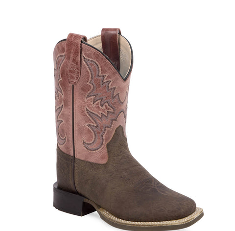 Old West Kids Girls Broad Square Toe Mauve/Brown Leather Cowboy Boots 13.5 D