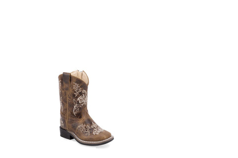 Old West Infant Girls Broad Square Toe Brown Leather Zip Cowboy Boots 7 D