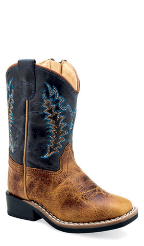 Old West Infant Boys Broad Square Toe Burnt Brown/Navy Leather Cowboy Boots 6.5 D