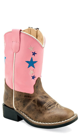 Old West Infant Girls Broad Square Toe Cactus Brown/Pink Leather Cowboy Boots
