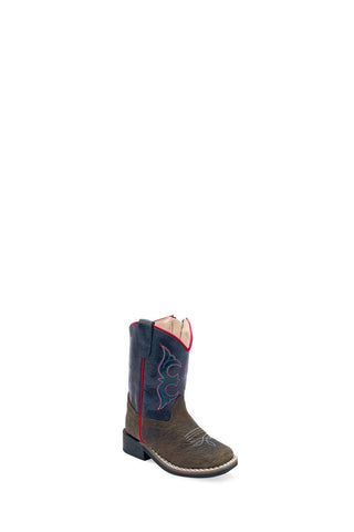 Old West Toddler Unisex Broad Square Toe Dark Brown/Navy Leather Cowboy Boots 7.5 D