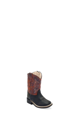 Old West Toddler Unisex Broad Square Toe Black/Burnt Red Leather Cowboy Boots 4.5 D