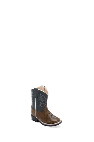 Old West Toddler Unisex Broad Square Toe Brown/Pillow Blue Leather Cowboy Boots 5.5 D