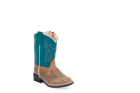 Old West Infant Unisex Broad Square Toe Tan/Turquoise Leather Cowboy Boots 7 D