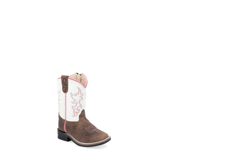 Old West Infant Girls Broad Square Toe White/Brown Leather Zip Cowboy Boots 4 D