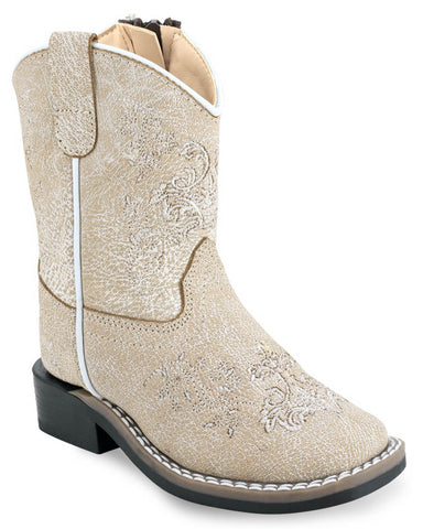 Old West Toddler Unisex Embroidered Distressed White Leather Zip Cowboy Boots