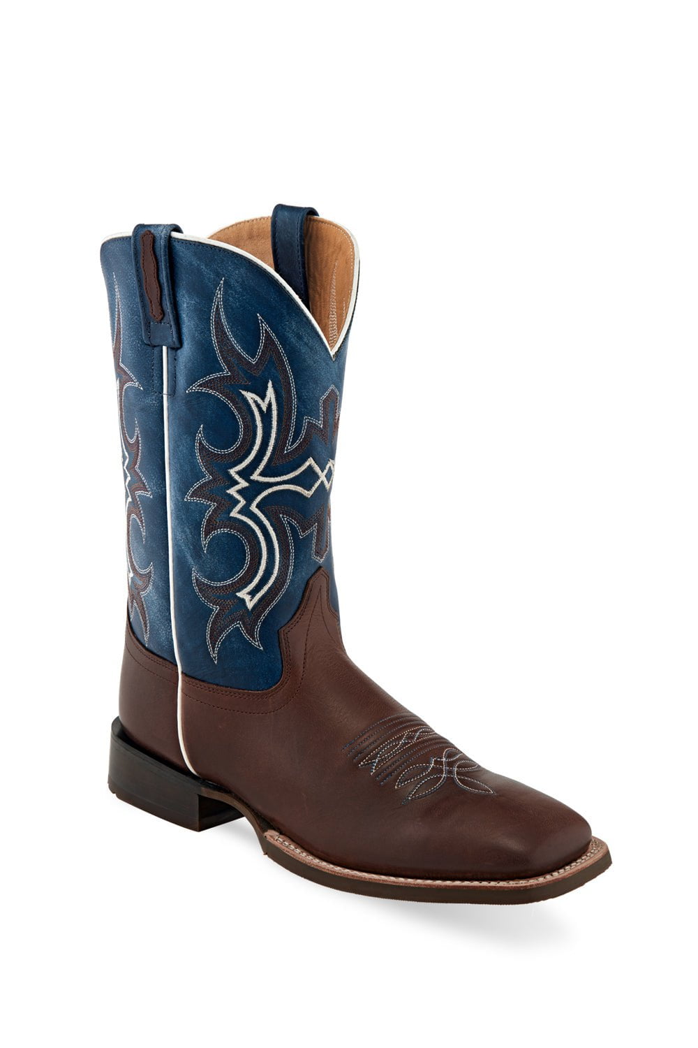 Old West Mens Broad Square Toe Dark Brown/Wipe Out Blue Leather