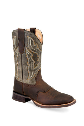 Old West Mens Broad Square Toe Brown/Olive Green Leather Cowboy Boots